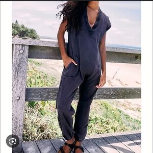 Limited Edition Free People Hot Shot JUMPSUIT: Cut Out, Deep V XS Washed Black